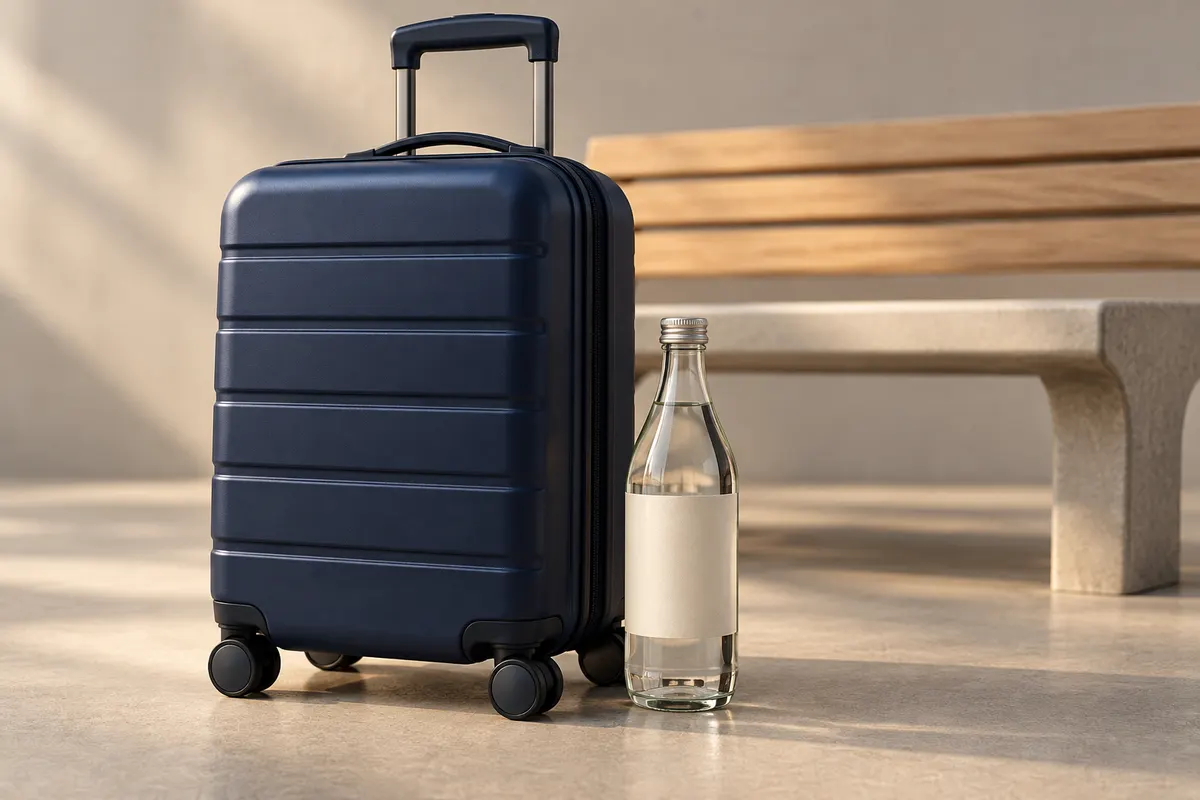 Blauer Rollkoffer mit verschlossener Glasflasche neben einer Bank