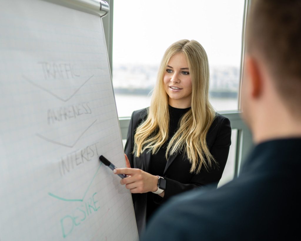 Anna Deimann von AD Consulting zeigt auf einem Chart die Kosten für eine Marketing Agentur